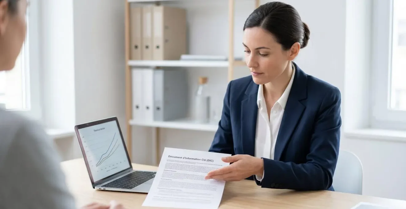 Conseillère financière présentant un document réglementaire PER dans un bureau contemporain sobre avec ordinateur affichant des projections financières