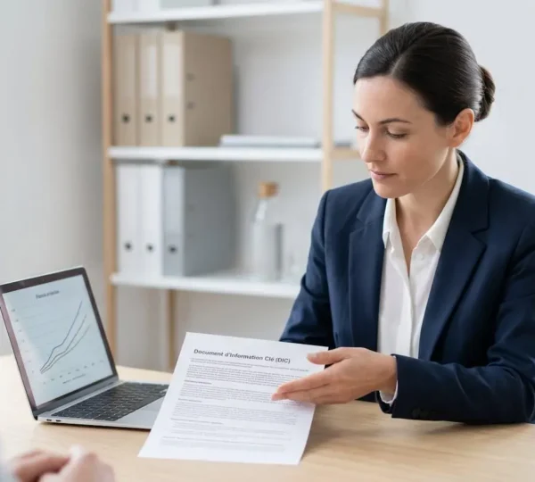 Conseillère financière présentant un document réglementaire PER dans un bureau contemporain sobre avec ordinateur affichant des projections financières