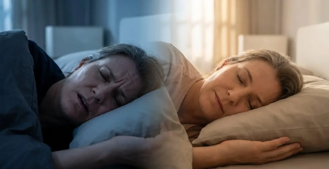 Contraste visuel entre un sommeil agité (éclairage froid, visage tendu) et un sommeil paisible (éclairage chaud, visage détendu), illustrant l'impact de l'apnée du sommeil et l'effet des traitements.