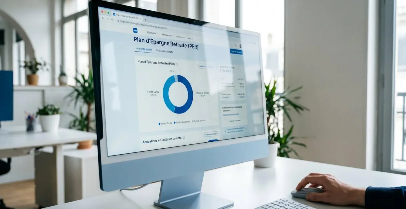 Écran d'ordinateur affichant une interface de gestion de PER avec répartition d'allocation entre fonds euros et unités de compte