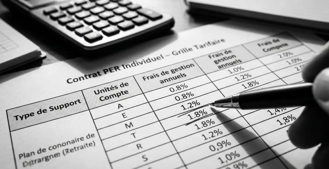 Gros plan sur une grille tarifaire de contrat PER avec stylo soulignant les lignes de frais de gestion et calculatrice en arrière-plan