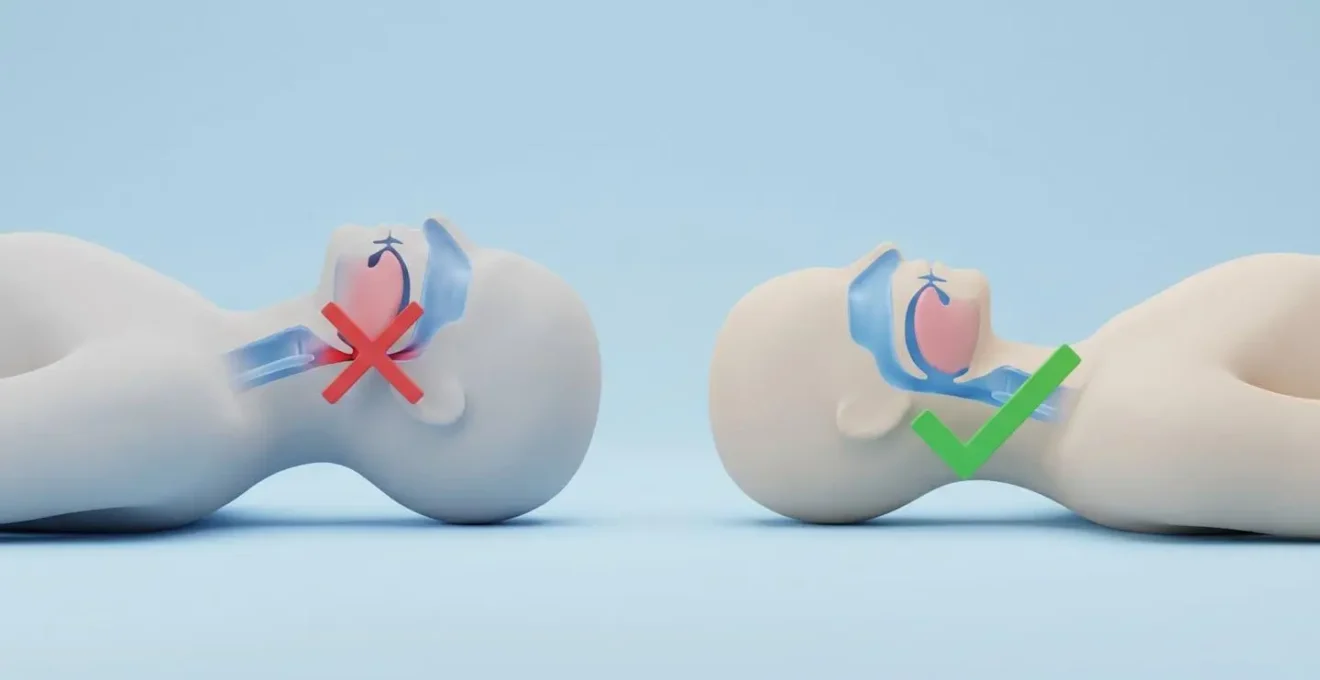 Illustration comparative montrant deux positions de sommeil : sur le dos avec obstruction des voies aériennes (rouge), sur le côté avec voies dégagées (vert).