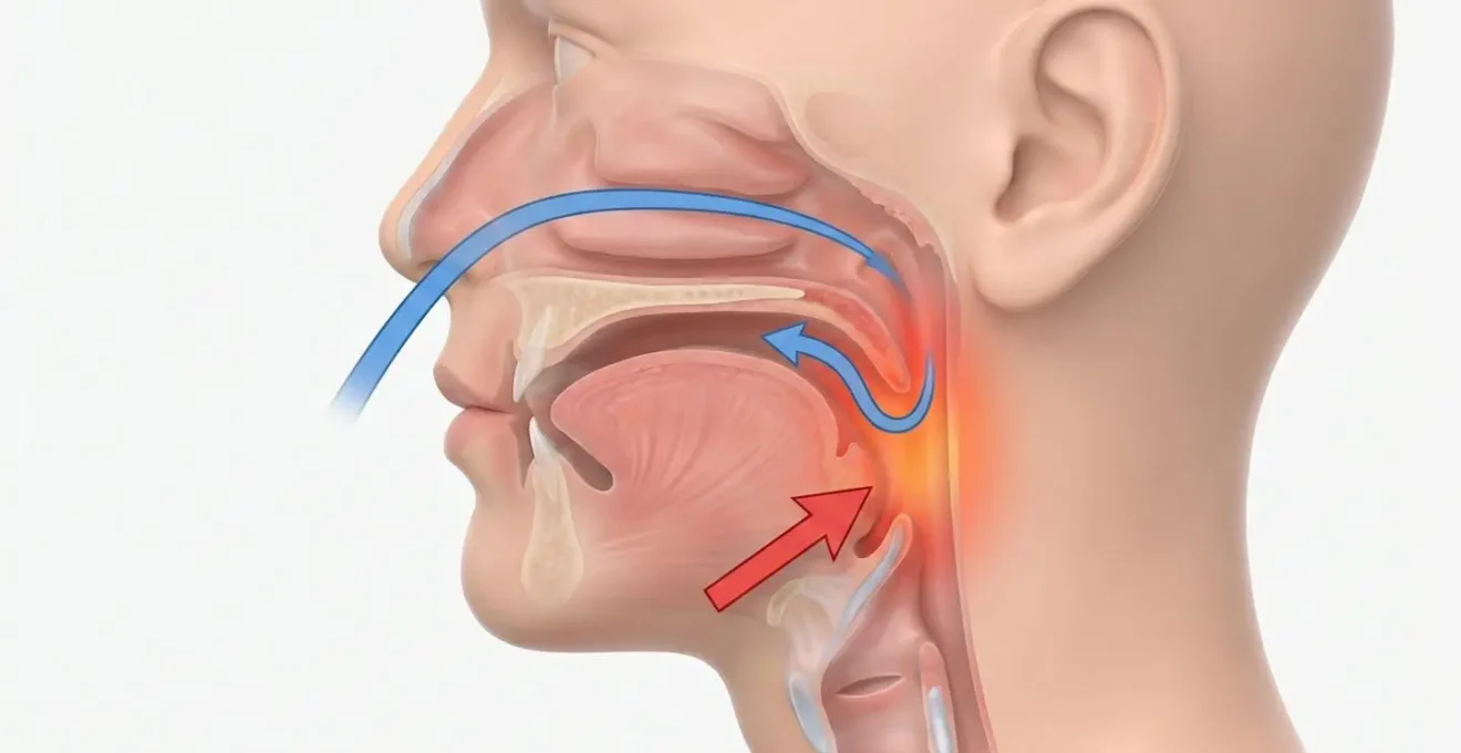 Illustration médicale en coupe montrant l'obstruction des voies aériennes supérieures par la langue et les tissus mous dans l'apnée obstructive du sommeil.