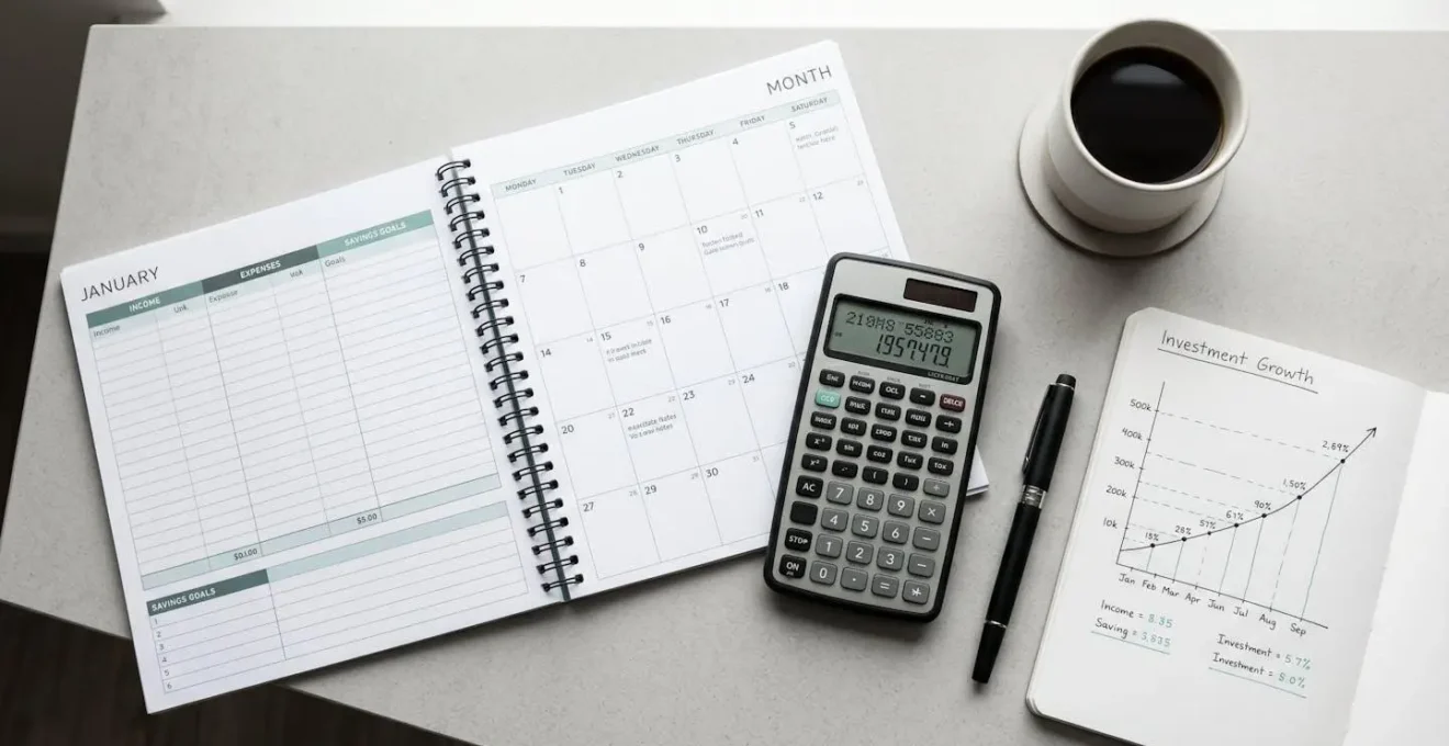 Vue de dessus d'un espace de travail avec calendrier de planification financière, calculatrice et carnet montrant une courbe de progression