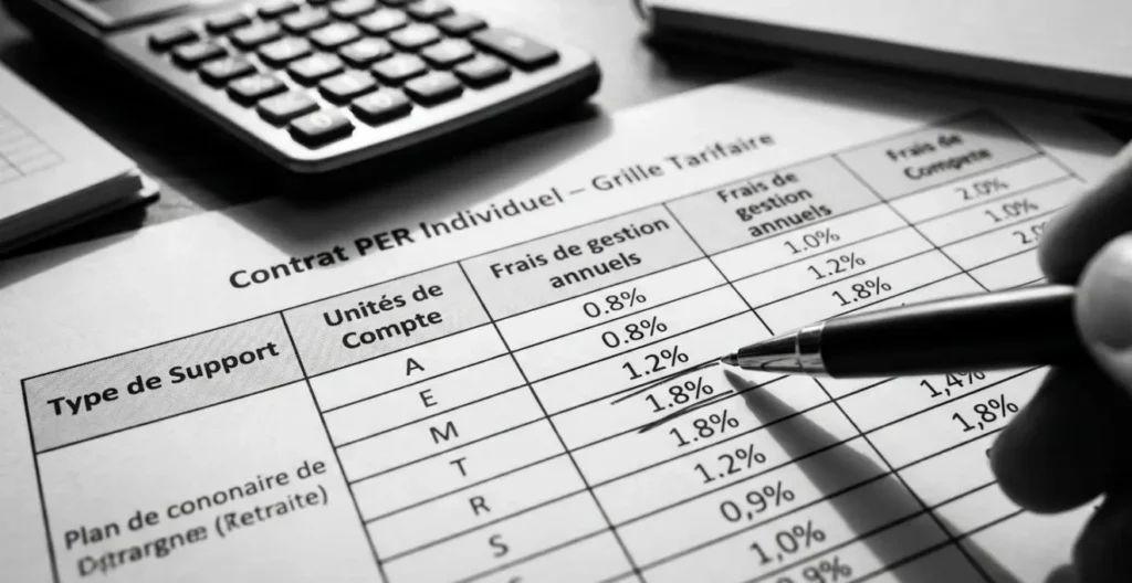 Gros plan sur une grille tarifaire de contrat PER avec stylo soulignant les lignes de frais de gestion et calculatrice en arrière-plan Gros plan sur une grille tarifaire de contrat PER avec stylo soulignant les lignes de frais de gestion et calculatrice en arrière-plan